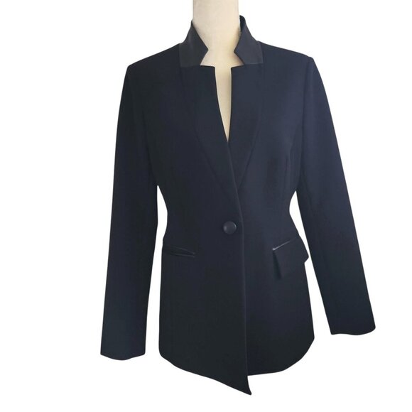 St. John Leather Trim Collared Black Blazer Single Breasted Blazer Sz. 6 - Picture 4 of 15